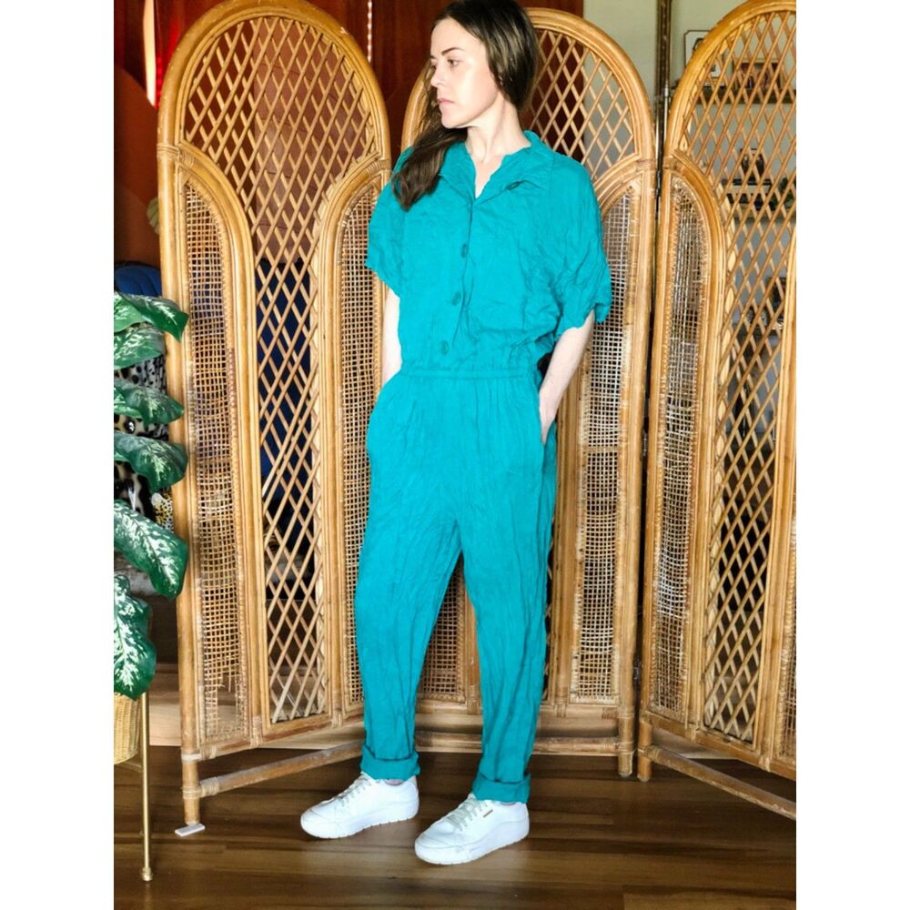 80s Vintage Teal Green Crinkle Relaxed Jumpsuit Button Up Indie Workwear Large